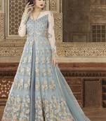 Sky Blue Embroidered Net Semi Stitched Salwar With Dupatta