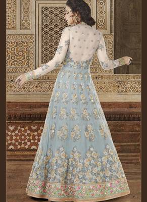 Sky Blue Embroidered Net Semi Stitched Salwar With Dupatta 2