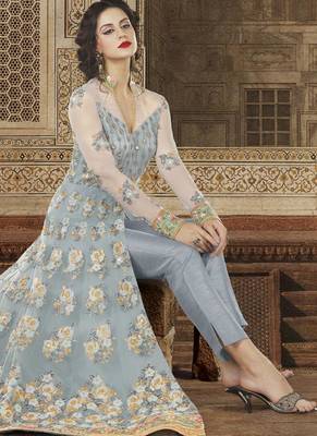 Sky Blue Embroidered Net Semi Stitched Salwar With Dupatta 3