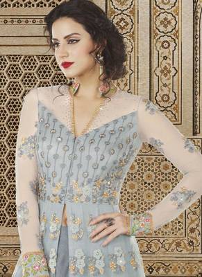 Sky Blue Embroidered Net Semi Stitched Salwar With Dupatta 4