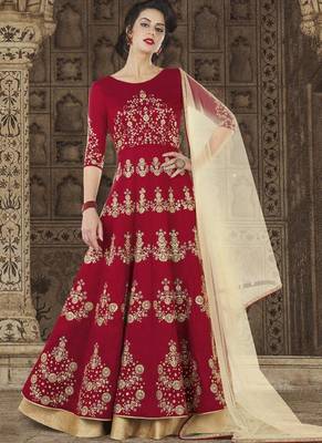 Blood Red Embroidered Silk Semi Stitched Salwar With Dupatta 1