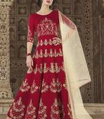 Blood Red Embroidered Silk Semi Stitched Salwar With Dupatta