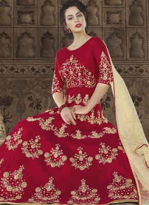 Blood Red Embroidered Silk Semi Stitched Salwar With Dupatta 3