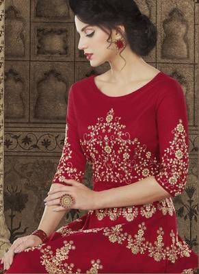 Blood Red Embroidered Silk Semi Stitched Salwar With Dupatta 4
