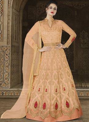 Peach Embroidered Net Semi Stitched Anarkali Suit 1