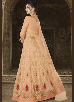 Peach Embroidered Net Semi Stitched Anarkali Suit 2