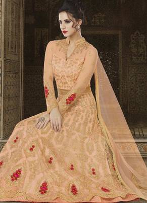 Peach Embroidered Net Semi Stitched Anarkali Suit 3