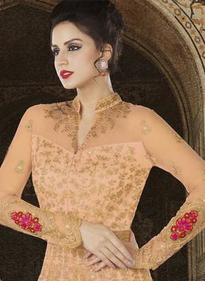 Peach Embroidered Net Semi Stitched Anarkali Suit 4