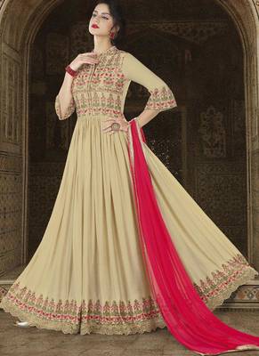 Cream Embroidered Satin Semi Stitched Anarkali Suit 1