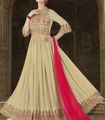 Cream Embroidered Satin Semi Stitched Anarkali Suit