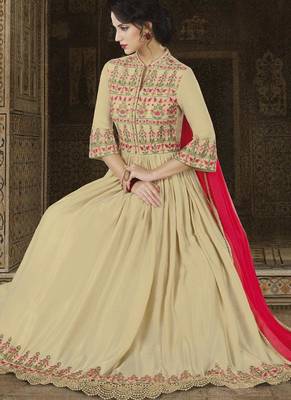 Cream Embroidered Satin Semi Stitched Anarkali Suit 2
