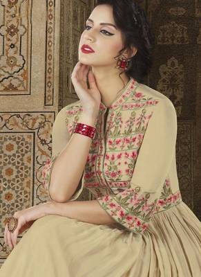 Cream Embroidered Satin Semi Stitched Anarkali Suit 3