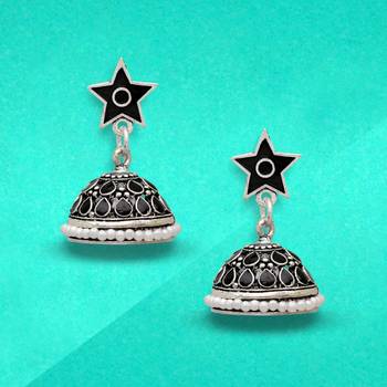 Black Color Beads Oxidised Jhumka Earrings 3