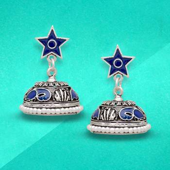 Blue Color Beads Oxidised Jhumka Earrings 3