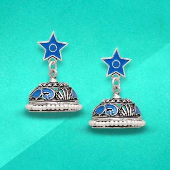 Aqua Color Beads Oxidised Jhumka Earrings 3