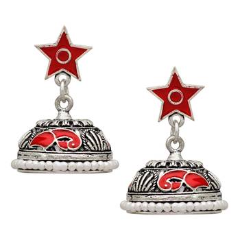 Red Color Beads Oxidised Jhumka Earrings 1