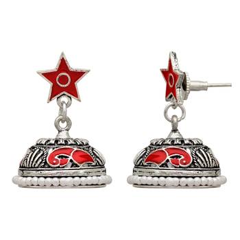 Red Color Beads Oxidised Jhumka Earrings 2
