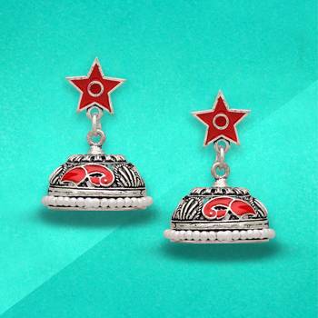 Red Color Beads Oxidised Jhumka Earrings 3