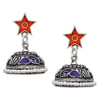 Blue & Orange Color Beads Oxidised Jhumka Earrings 1