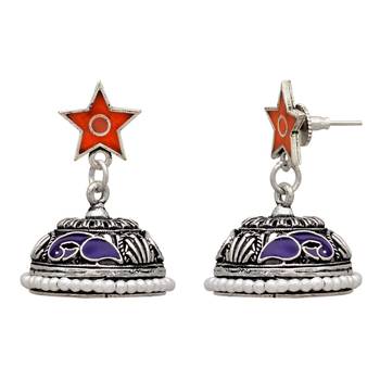 Blue & Orange Color Beads Oxidised Jhumka Earrings 2
