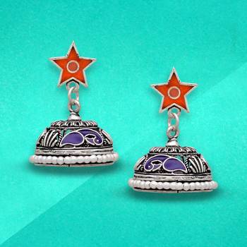 Blue & Orange Color Beads Oxidised Jhumka Earrings 3
