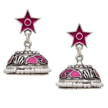 Pink Color Beads Oxidised Jhumka Earrings 1