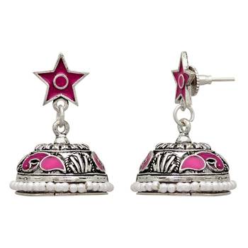 Pink Color Beads Oxidised Jhumka Earrings 2