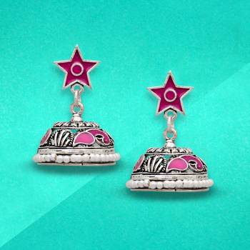 Pink Color Beads Oxidised Jhumka Earrings 3