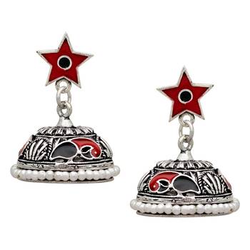 Red & Black Color Beads Oxidised Jhumka Earrings 1