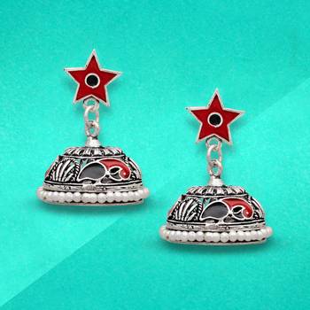 Red & Black Color Beads Oxidised Jhumka Earrings 3