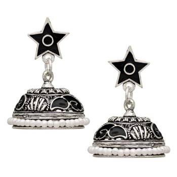 Black Color Beads Oxidised Jhumka Earrings 1