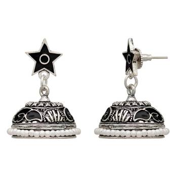 Black Color Beads Oxidised Jhumka Earrings 2