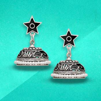 Black Color Beads Oxidised Jhumka Earrings 3