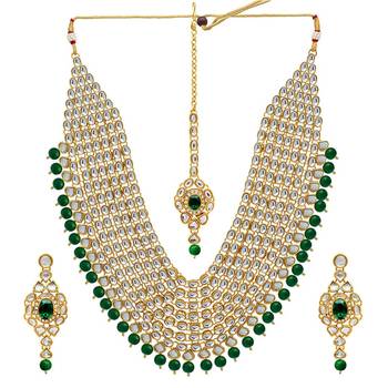 Green Color Imitation Pearl Kundan Necklace With Earring & Maang Tikka 1