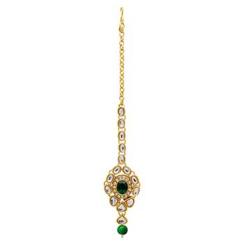 Green Color Imitation Pearl Kundan Necklace With Earring & Maang Tikka 3