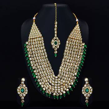 Green Color Imitation Pearl Kundan Necklace With Earring & Maang Tikka 4