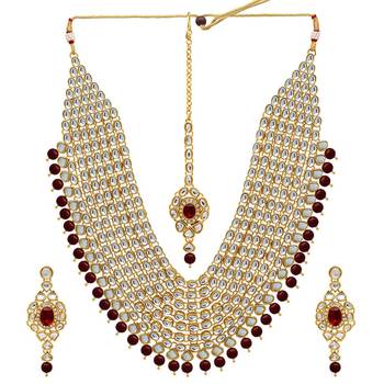 Maroon Color Imitation Pearl Kundan Necklace With Earring & Maang Tikka 1