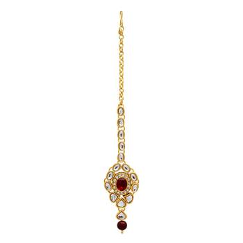 Maroon Color Imitation Pearl Kundan Necklace With Earring & Maang Tikka 3