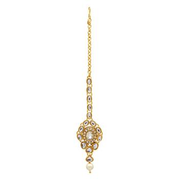 White Color Imitation Pearl Kundan Necklace With Earring & Maang Tikka 3