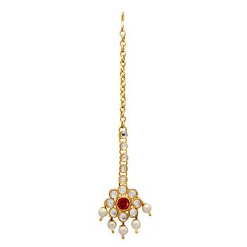 Maroon Color Imitation Pearl Kundan Necklace With Earring & Maang Tikka 3