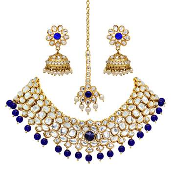 Blue Color Imitation Pearl Kundan Necklace With Earring & Maang Tikka 1