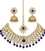 Blue Color Imitation Pearl Kundan Necklace With Earring & Maang Tikka