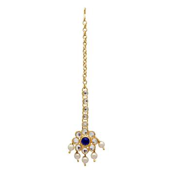 Blue Color Imitation Pearl Kundan Necklace With Earring & Maang Tikka 3