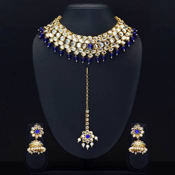 Blue Color Imitation Pearl Kundan Necklace With Earring & Maang Tikka 4