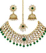 Green Color Imitation Pearl Kundan Necklace With Earring & Maang Tikka