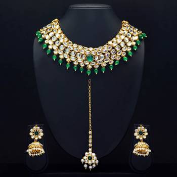 Green Color Imitation Pearl Kundan Necklace With Earring & Maang Tikka 4