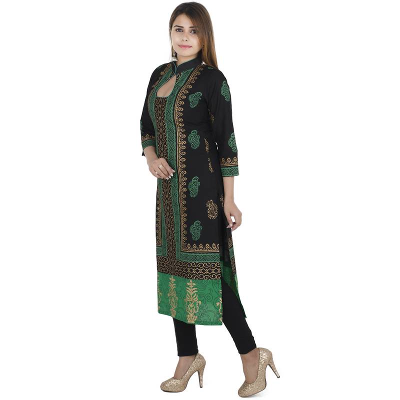 Black printed cotton long kurtis