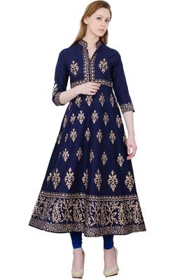 Navy blue printed cotton long kurtis 1