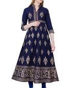 Navy blue printed cotton long kurtis
