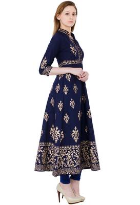 Navy blue printed cotton long kurtis 2